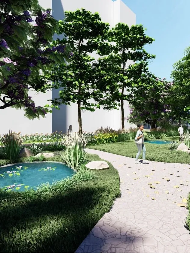 Bren Park City, artistic impression A winding nature walk under flowering trees, past a small pond