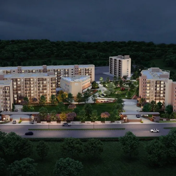 Bren Park City, artistic impression Bren Park City from the air at dusk, its towers around a central green