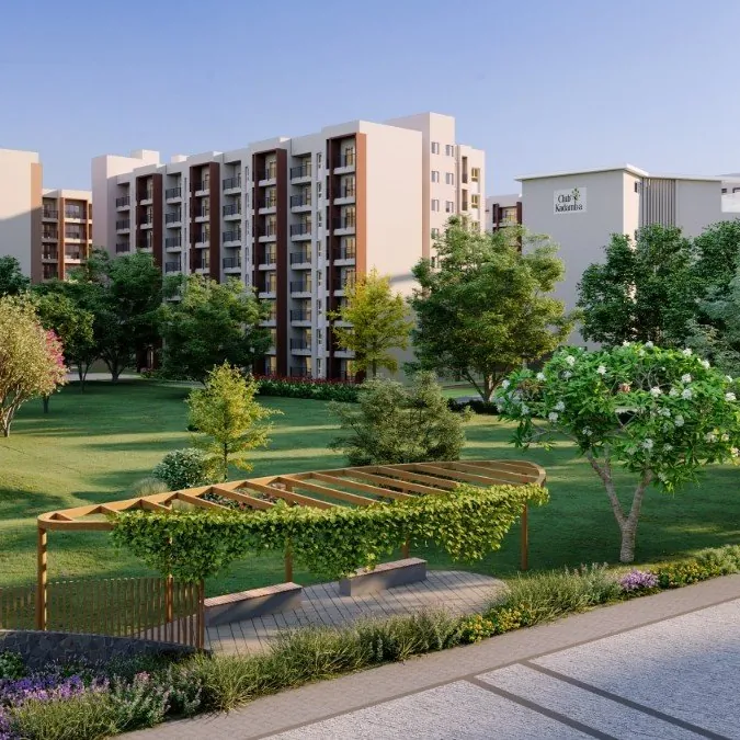 Bren Park City, artistic impression Towers above a landscaped garden with a pergola