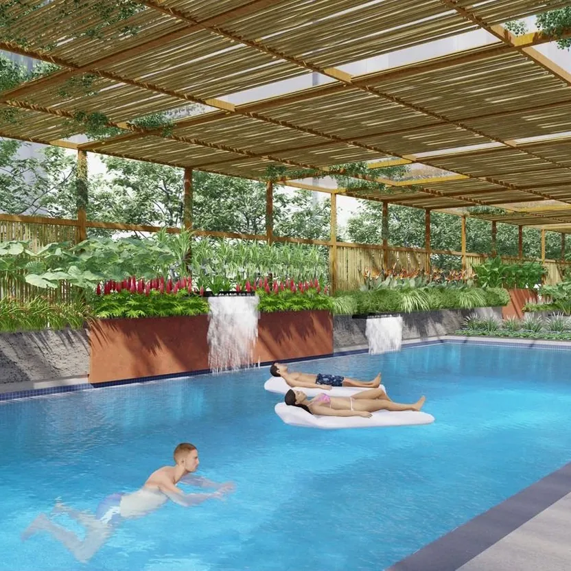 Bren Park City, artistic impression The leisure pool under a pergola, with swimmers and loungers