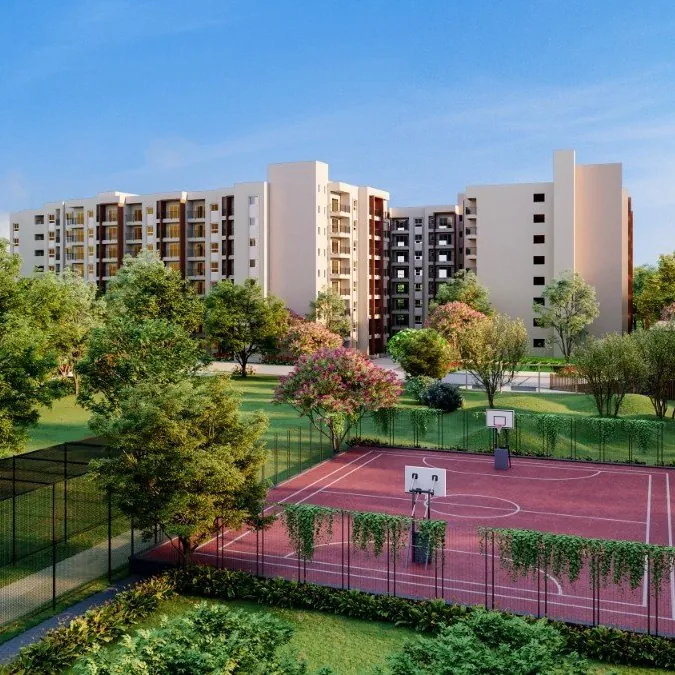 Bren Park City, artistic impression A futsal court among trees beside the towers