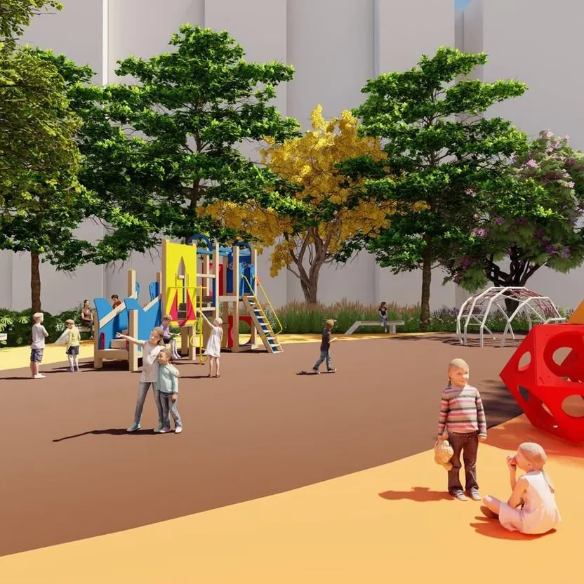 Bren Park City, artistic impression A children’s play area with climbing frames and slides