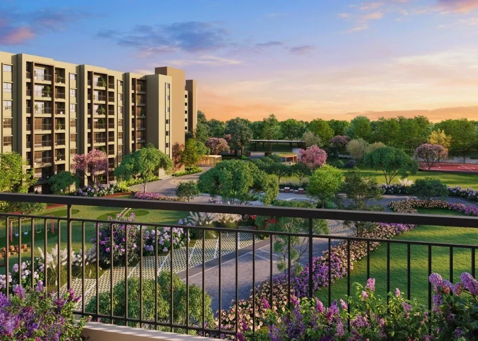 Bren Park City, artistic impression Gardens in flower below the Bren Park City towers at sunset, seen from a balcony