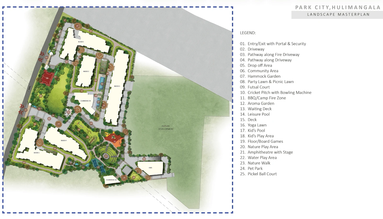 Bren Park City, master plan Landscape master plan of Bren Park City with the towers, the central green and a legend of 25 amenities