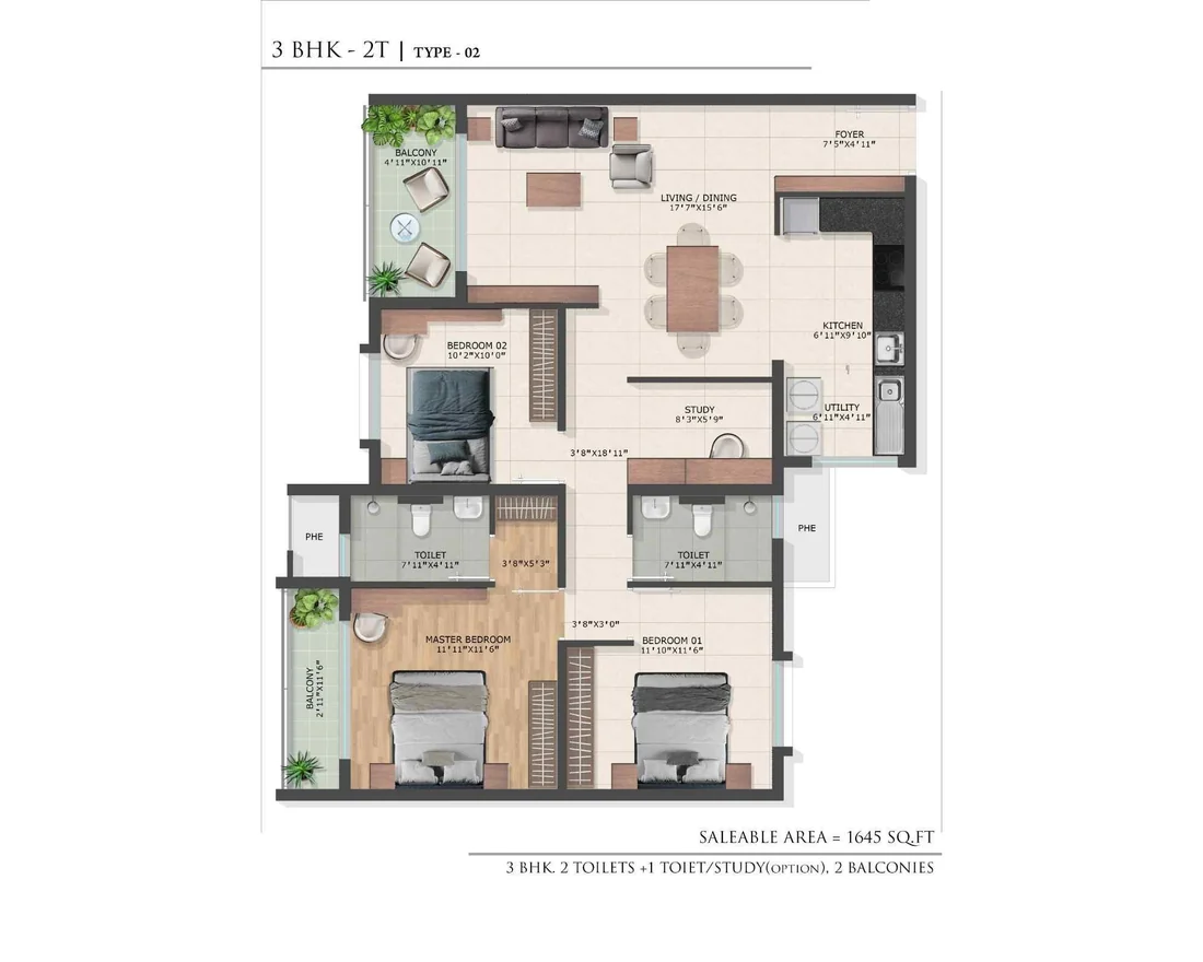 3 BHK floor plan with a foyer, living and dining room, kitchen, utility, study, three bedrooms, two toilets and two balconies