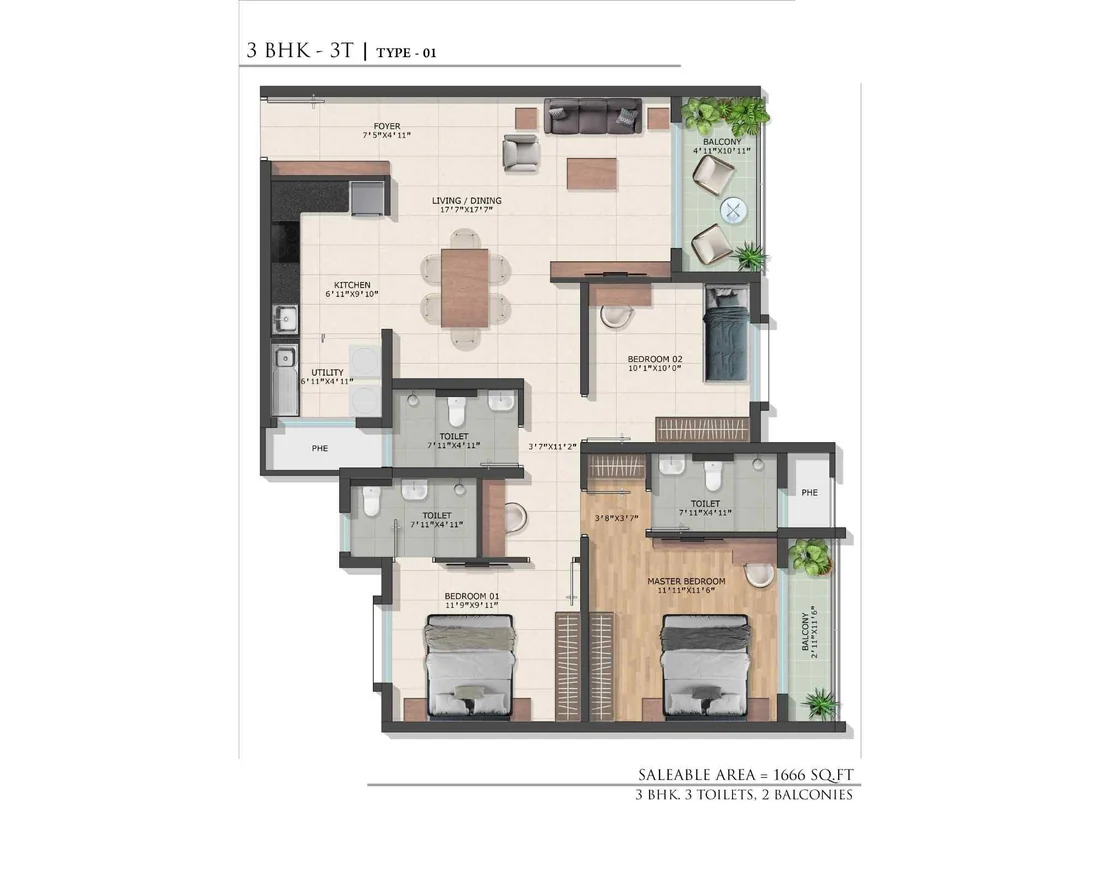 3 BHK floor plan with a foyer, living and dining room, kitchen, utility, three bedrooms, three toilets and two balconies